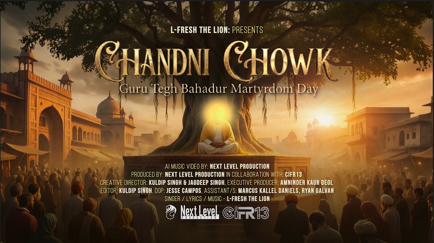 Chandni Chowk title card: a figure in meditation beneath a banyan tree in old Delhi at sunset